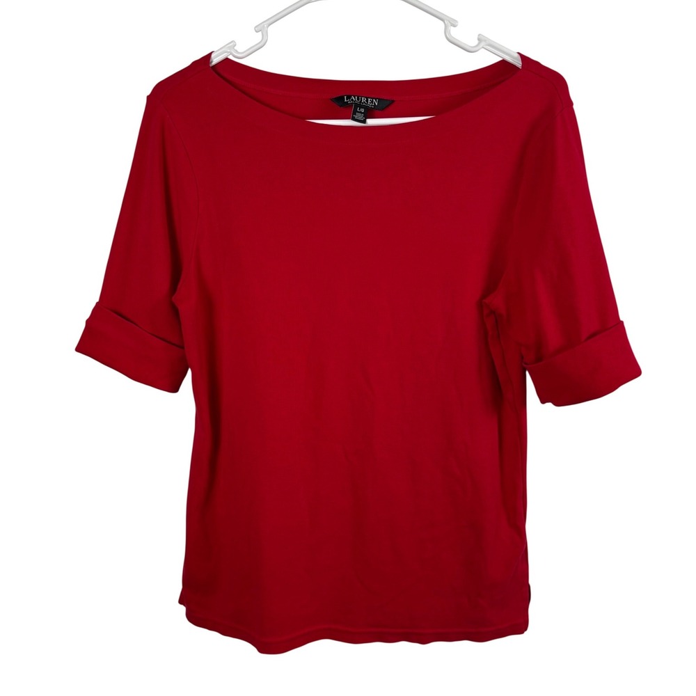 Lauren Ralph Lauren Tee L Red Boatneck Elbow Sleeve Cuffed Minimalist Preppy